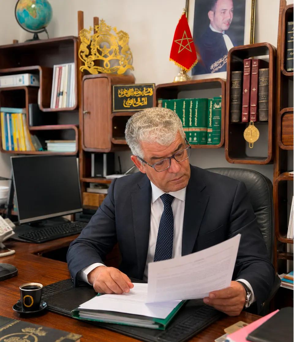Maître Rachid Jai Mansouri à son bureau à Fès, devant le drapeau marocain et ses codes juridiques